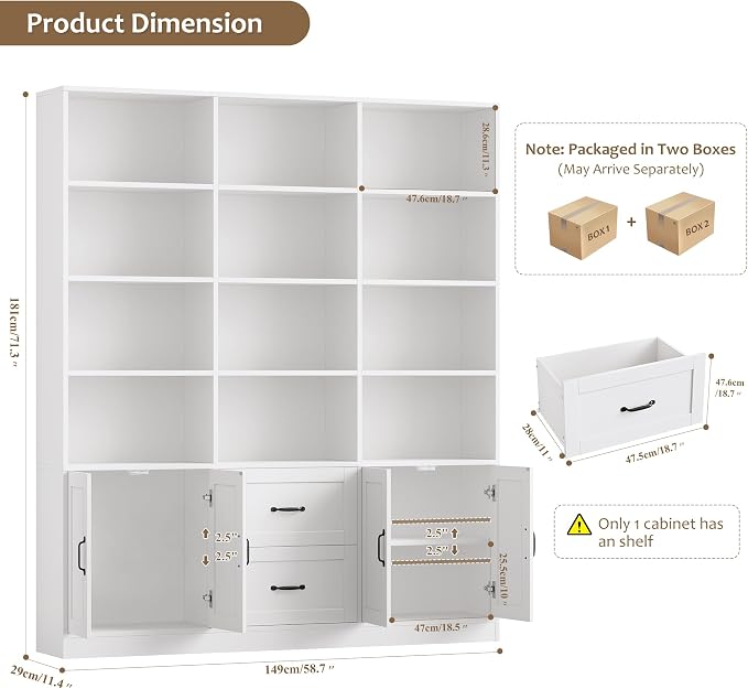 HOSTACK 71" Tall Triple Wide Bookshelf with Doors & Drawers, Modern Wood Bookcase for Storage, 6-Tier Large Bookcase with Display Shelves, Space-Saving Bookshelf for Living Room, Home Office, White