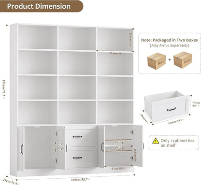 HOSTACK 71" Tall Triple Wide Bookshelf with Doors & Drawers, Modern Wood Bookcase for Storage, 6-Tier Large Bookcase with Display Shelves, Space-Saving Bookshelf for Living Room, Home Office, White