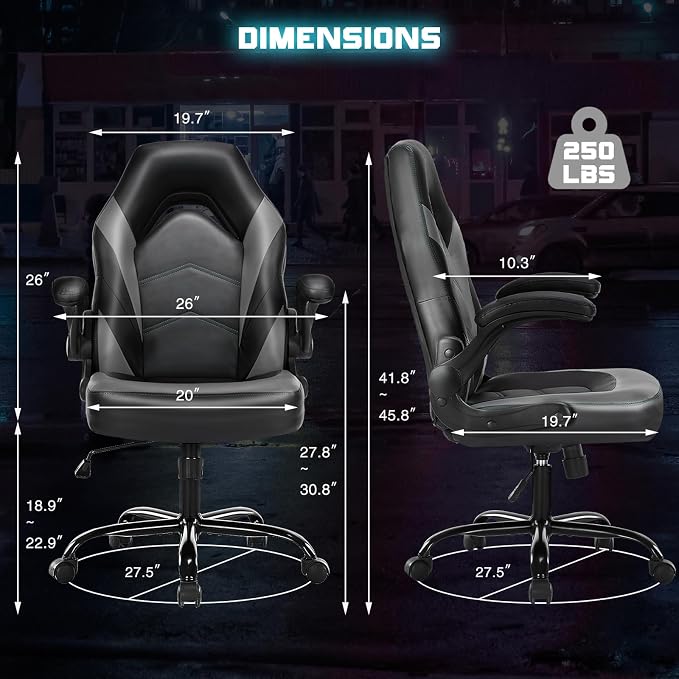 DUMOS Computer Game Desk Chair - Ergonomic PU Leather Lumbar Support, Height Adjustable High Back Video Game with Flip-up Armrest, Rolling Swivel for Adults, Deep Grey