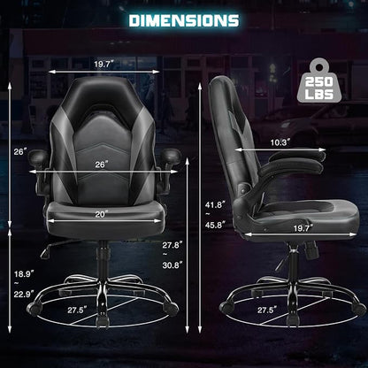 DUMOS Computer Game Desk Chair - Ergonomic PU Leather Lumbar Support, Height Adjustable High Back Video Game with Flip-up Armrest, Rolling Swivel for Adults, Deep Grey