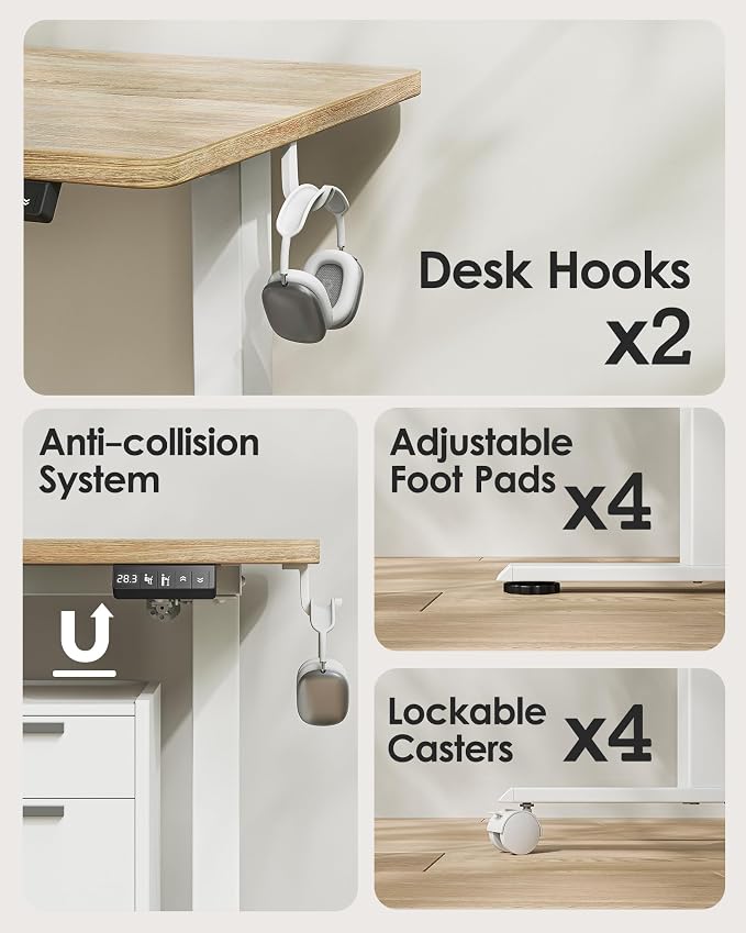 TIQLAB Electric Height Adjustable Standing Desk 47.2×23.6 inch, Sit Stand Desk for Work, Study, Memory Controller, White Frame & Maple Top Computer Workstation for Home Office