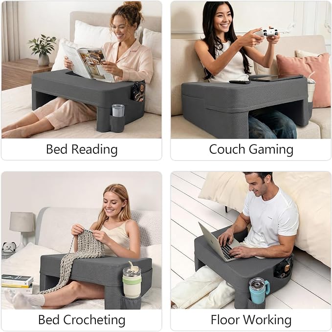 septsun Soft Lap Desk Pillow for Laptop & Gaming,Arm Rest Laptop Lap Desk for Bed Couch with Cup Holder & Pocket,Ultimate Reading Pillow for Lap(Dark Gray, Large)