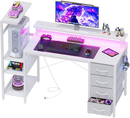51 Inch Gaming Desk with Power Outlet and LED Lights, Computer Desk with 4 Drawers & Storage Shelves, Reversible Home Office Desk with Monitor Stand for Small Space Bedroom, Carbon Fiber White