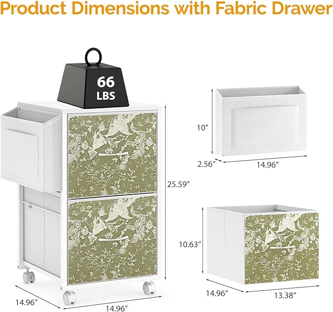 VINGLI 2 Drawer File Cabinet with Side Bag, Rolling File Cabinet Mobile Under Desk File Cabinet with Wheels, Fabric Drawers Printer Stand for Home Office, Fits Letter Size, White Green