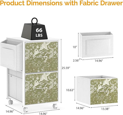 VINGLI 2 Drawer File Cabinet with Side Bag, Rolling File Cabinet Mobile Under Desk File Cabinet with Wheels, Fabric Drawers Printer Stand for Home Office, Fits Letter Size, White Green