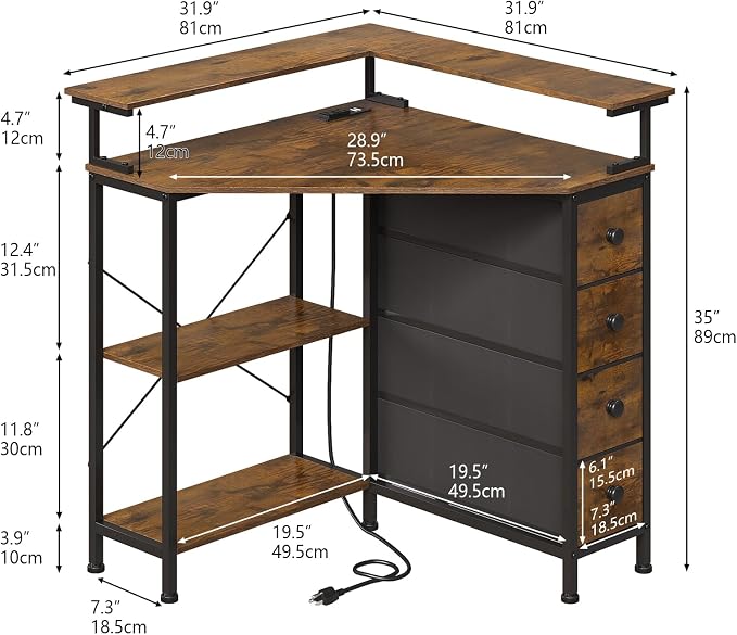 VENNQD Corner Desk with Drawers Shelves for Small Space 90 Degrees Triangle Computer Desk with Power Outlets,Gaming Desk with LED Lights Monitor Stand for Home Office Workstation Writing Table (Brown)