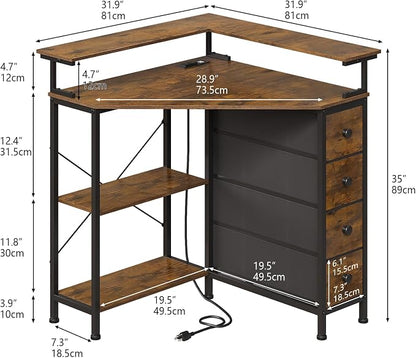 VENNQD Corner Desk with Drawers Shelves for Small Space 90 Degrees Triangle Computer Desk with Power Outlets,Gaming Desk with LED Lights Monitor Stand for Home Office Workstation Writing Table (Brown)