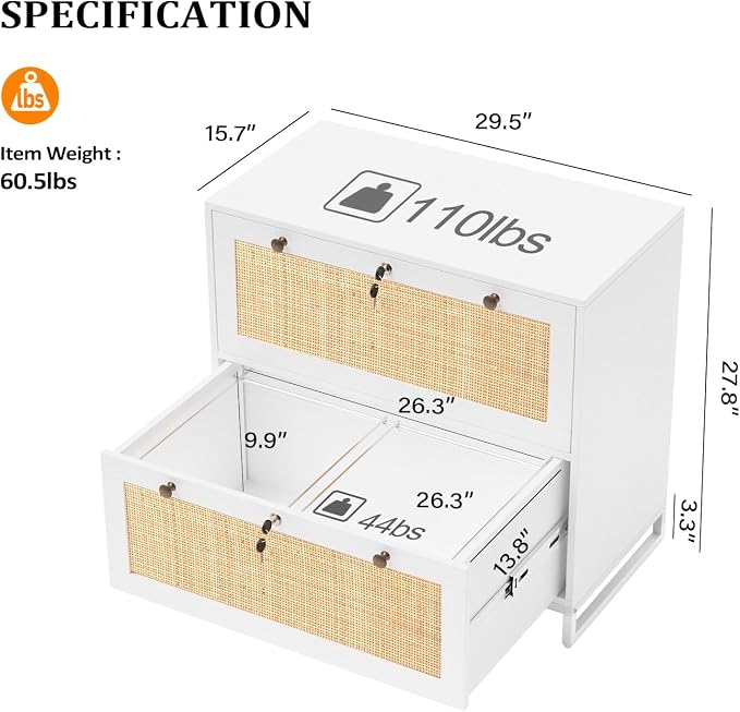 VINGLI White & Natural Rattan 2 Drawer Lateral File Cabinet with Lock, Wood Locking File Cabinets for Home Office, File Cabinet Printer Stand for Hanging Letter/Legal Size Folders, 30W x 16D x 28H
