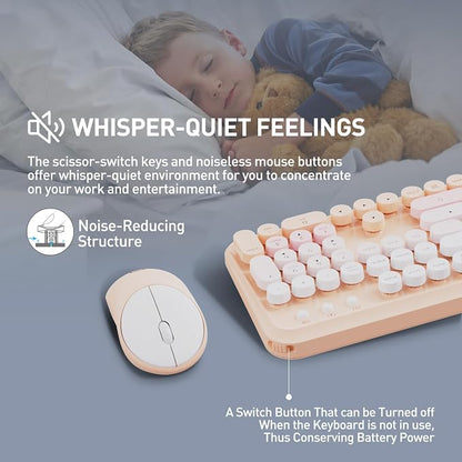 Wireless Keyboards Mouse Combos, Colorful Cute Typewriter Full-Size Retro Round Keycaps, 2.4GHz Cordless Sleep Mode Office Quiet Wireless Keyboard and Mouse Set for Desktop Laptop PC Computer