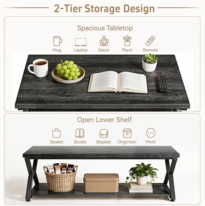 Coffee Table for Living Room, 2 Tier Rectangular Tea Table, Industrial Center Table forBedroom Home Office, Black,47 Inch