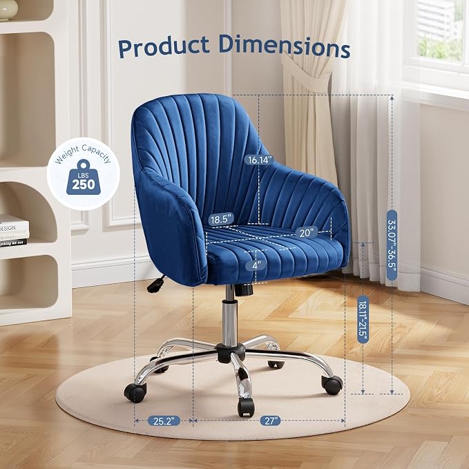 Warmiehomy Office Chair, Velvet Desk Chair for Women, Comfy Vanity Chair with Wheels, Home Computer Chair with Arm Rest for Bedroom, Royal Blue