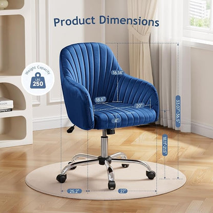 Warmiehomy Office Chair, Velvet Desk Chair for Women, Comfy Vanity Chair with Wheels, Home Computer Chair with Arm Rest for Bedroom, Royal Blue