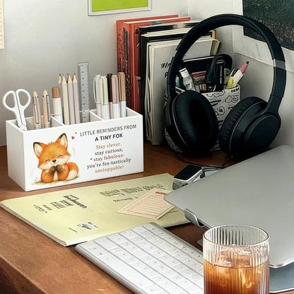 Positive Fox Pen Pencil Holder Desk Accessories Gifts for Women | Cute Fox Inspirational Pen Pencil Wooden Organizer Office Accessories Decorations for Dorm Room Bedroom Tabletop Desk Decor