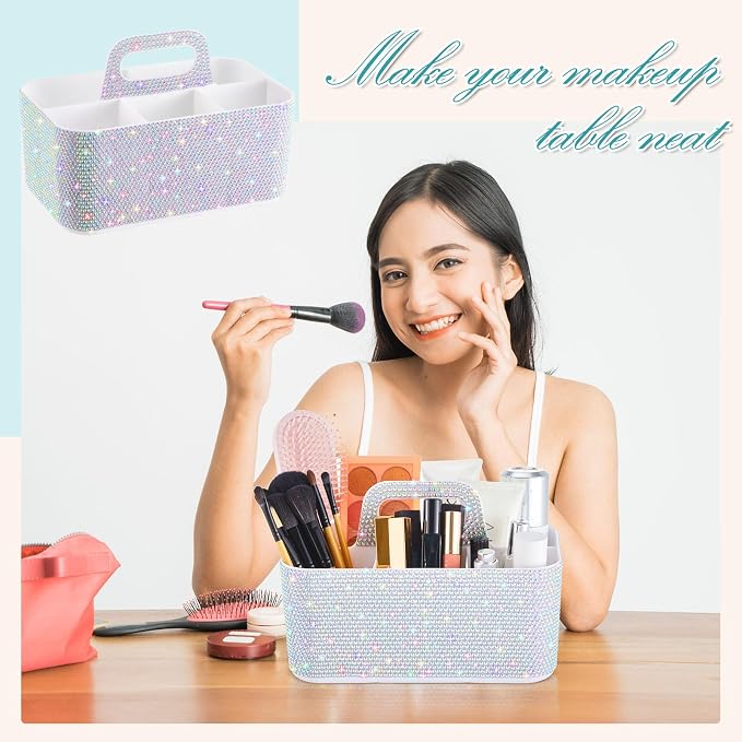 Marspark Bling Makeup Caddy Organizer with Handle, Sparkly Art Craft Holder, Glitter Bathroom Hair Caddy, Shimmer Pen Pencil Holder for Women Desk Organizer, Bling Gifts for Women(White,AB Diamond)