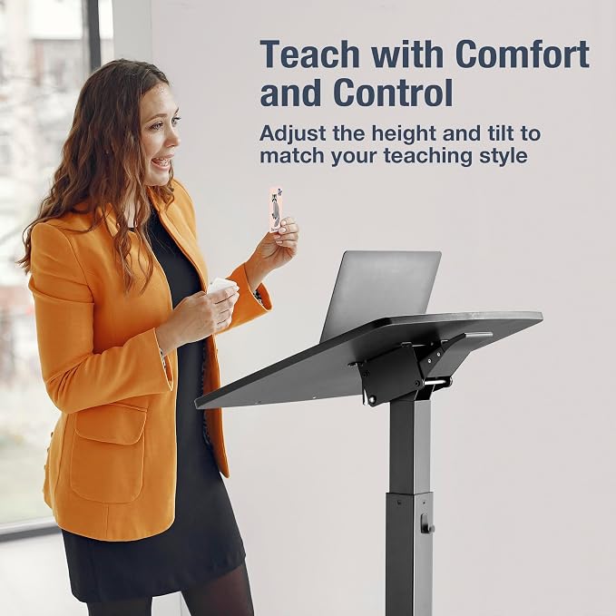 AVLT 47" Height Adjustable Mobile Workstation with Tilting Desk Black | 3 ft 11 inches - Foot Pedal Pneumatic Standing Desk Cart - Mobile Laptop Cart - Mobile Cart with Brake Casters