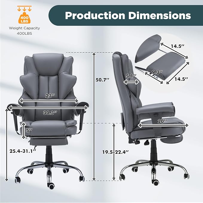 HOMREST Grey Ergonomic Office Chair | 6-Point Vibration Massage & Heat, Reclining Executive Chair, Adjustable Footrest and Armrests, PU Leather Big and Tall