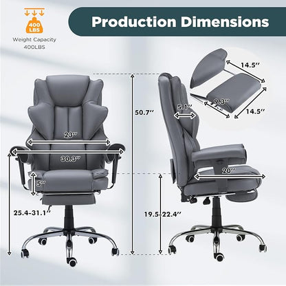HOMREST Grey Ergonomic Office Chair | 6-Point Vibration Massage & Heat, Reclining Executive Chair, Adjustable Footrest and Armrests, PU Leather Big and Tall