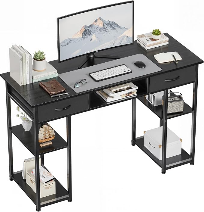 OLIXIS 48 Inch Desk with Storage Fabric Drawers, Home Office Computer Desk for Small Space Bedroom, Modern Study Work Gaming Writing PC Table, Finish for Compact Rooms, Black
