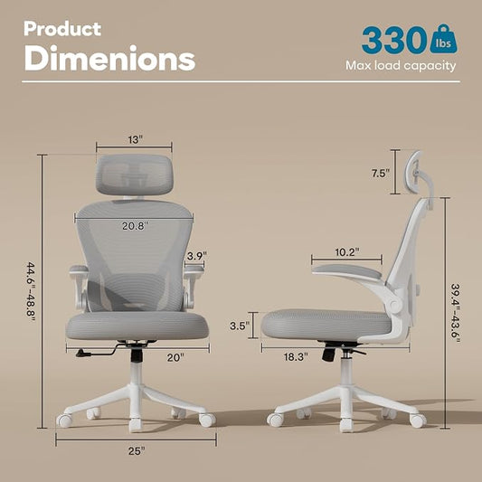 SeekFancy Ergonomic Office Chair M903, Computer Desk Chair | High Back Mesh Office Chair with Adjustable Lumbar Support, Headrest, Flip-Up Armrests, Wheels, 330LBS Capacity, White Grey