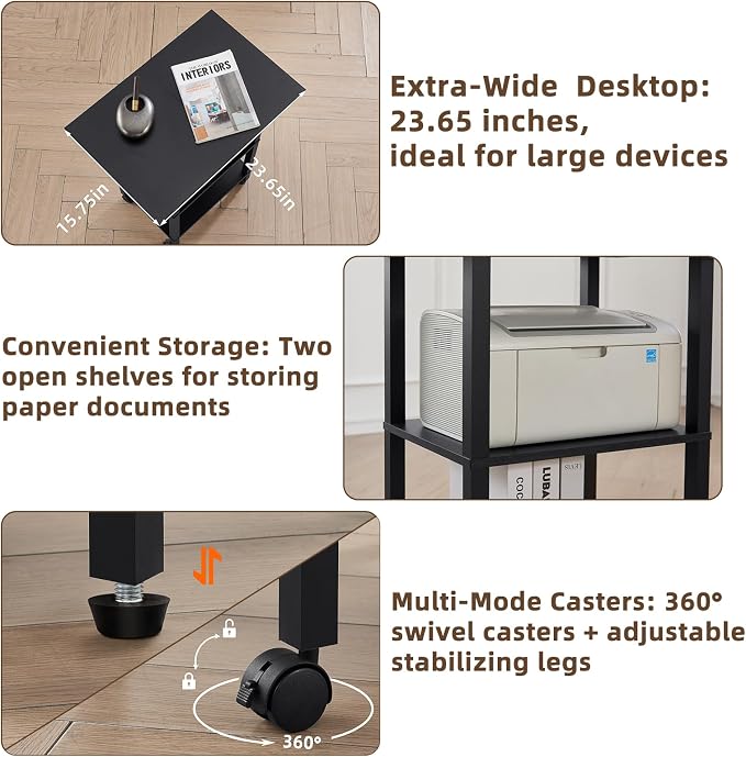 YUFAM Black 3 Tier Home Printer Stand with Storage, Wooden Mobile Printer Table Shelf, Rolling Printer Cart Shelf with Lockable Wheels fit Fax Machine, Scanner