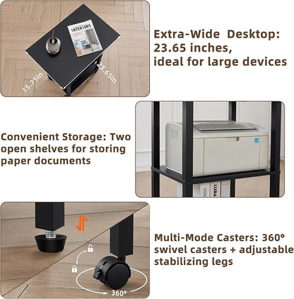 YUFAM Black 3 Tier Home Printer Stand with Storage, Wooden Mobile Printer Table Shelf, Rolling Printer Cart Shelf with Lockable Wheels fit Fax Machine, Scanner