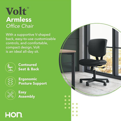 HON Volt Ergonomic Office Chair with Bonded Leather Seat and Back, Armless Desk and Computer Chair with Adjustable Center‑Tilt Recline and Wheels for Home Office or Workstation, Black