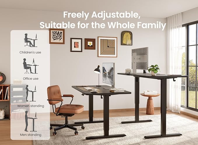 BANTI 55 × 28 Inches Standing Desk, Ergonomic, Electric Height Adjustable, Sit and Stand Up, Computer Desk with a Deeper Desktop, Black Frame/Black Top