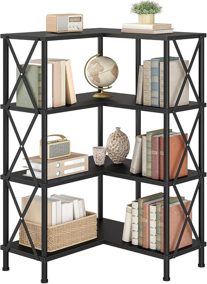 HOOBRO Corner Bookshelf, 4-Tier L-Shaped Bookcase, Industrial Open Display Shelf Tall Storage Organizer, Vertical Storage Rack, for Living Room, Home Office, Black BB59SJ01