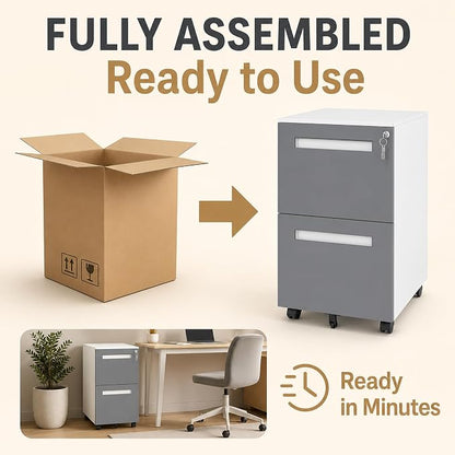 SAWJEC 2 Drawer File Cabinet with Lock, Grey Fully Assembled Rolling Metal Filing Cabinet for Home Office, Fits Letter/Legal/A4, Grey, 18" D x 15" W x 27" H