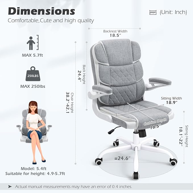 SEATZONE Home Office Desk Chairs Grey Linen Fabric Executive Office Chair with Wheels and Arms Comfortable Ergonomic Desk Chair for Adults and Teens