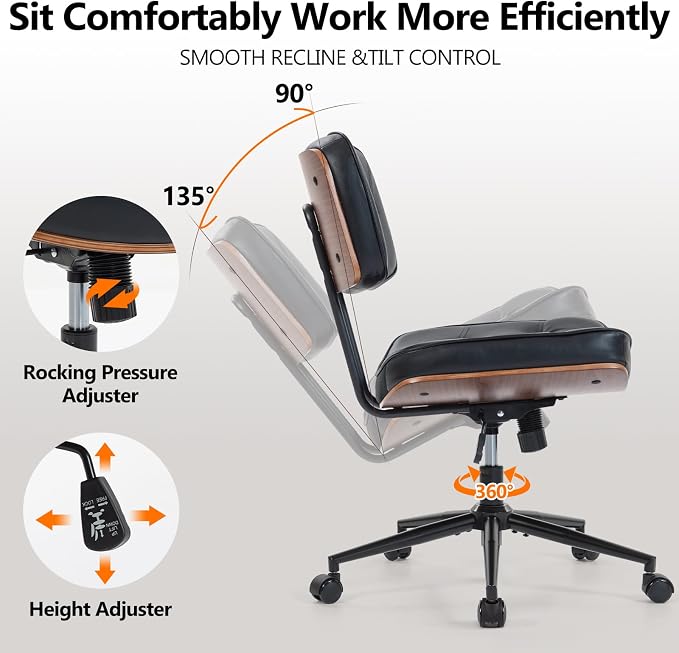 Armless Office Chair with Wheels, Adjustable Height Desk Chair Leather Swivel Computer Chair, Modern Walnut Office Side Chair for Meeting Room Office, Black