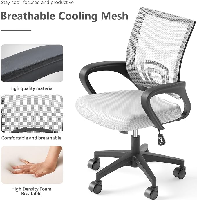 OS MOTOR Home Office Chair, Ergonomic Mid-Back Mesh Desk Chair with Lumbar Support, Adjustable Swivel Rolling Design, Comfy Armrest for Work, Study, Gaming, Vanity (White, Double Chair)