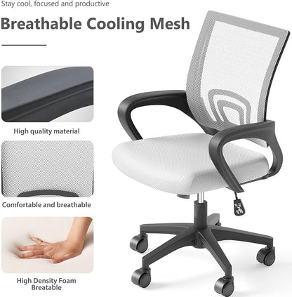 OS MOTOR Home Office Chair, Ergonomic Mid-Back Mesh Desk Chair with Lumbar Support, Adjustable Swivel Rolling Design, Comfy Armrest for Work, Study, Gaming, Vanity (White, Double Chair)