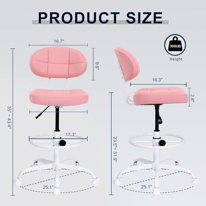 Misolant Drafting Chair, Armless Tall Office Chair with Footrest Ring for Standing Desk, Small Faux Leather Executive Computer Chair with Adjustable Height for Bar Lab Counter Height Desk, Pink