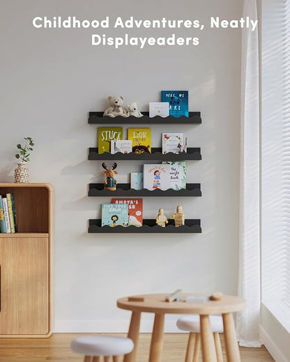 Seocry Kids' Bookshelf Set of 4 - Black Floating Nursery Book Shelves, Picture Ledge Shelf for Wall Decor and Storage - Perfect for Books, Toys, Photo Frames, and Nursery Décor