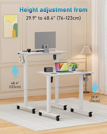 32" Small Electric Rolling Standing Desk Adjustable Height, Mobile Sit Stand up Desk with Lockable Casters for Home Office & Computer Workstation, Splice Board, 2 Hooks, White Frame/White Top
