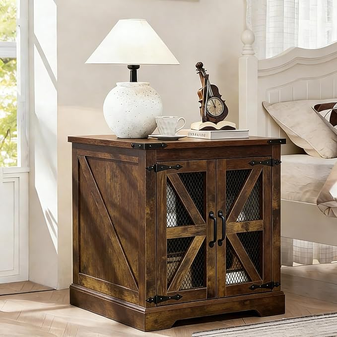 Farmhouse End Table Set with Charging Station, Brown Living Room Tables with Hidden Storage, Rustic Brown Wood Furniture for Home and Office
