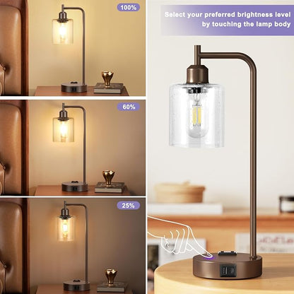 Innqoo Industrial Touch Table Lamps - 3-Way Dimmable Desk Lamps Set of 2 with USB C+A Ports and Outlet, Brown Bedside Lamps with Clear Glass Shade for Living & Bedrooms