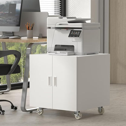 Metal Printer Stand, Rolling Table for Printers, Large Printers Table with Storage, Office Printer Stand for Copier, Fax, Heavy Duty Stands with Shelf for School, Workplace, White
