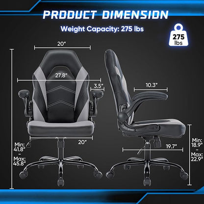 OLIXIS Computer Gaming Desk Chair - Ergonomic Video Game with Comfy Lumbar Support and headrest, PU Leather with Flip-up Arms, Adjustable Height and Swivel Wheels, for Adults, Black and Grey
