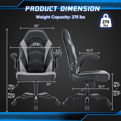 NEWBULIG Gaming Office Computer Chair – Ergonomic Mid-Back with Flip-Up Armrests, Adjustable Height, Lumbar Support & 360° Silent Swivel Wheels, PU Leather for Home/Office, Grey