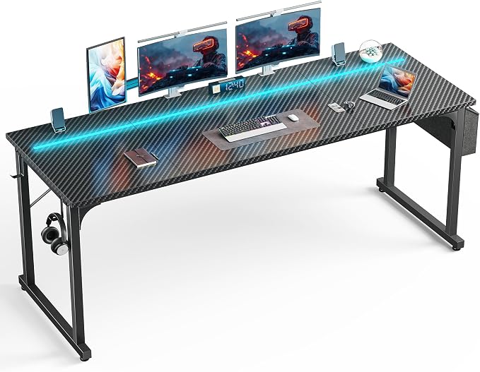 DurayLoly 71" Gaming Desk with LED Lights, Large Office Desk for 3 Monitors or 2 laptops,Long Desk with Storage Bag&Headphone Hook for Study Writing Work Wood Desk,Sturdy Metal Frame,Black
