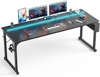DurayLoly 71" Gaming Desk with LED Lights, Large Office Desk for 3 Monitors or 2 laptops,Long Desk with Storage Bag&Headphone Hook for Study Writing Work Wood Desk,Sturdy Metal Frame,Black