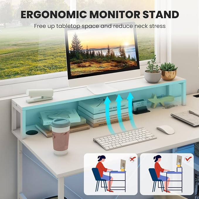 Tangkula 2-Person Reversible Computer Desk with LED Lights, 94.5” Long Office Desk with Power Outlets, Monitor Stand, Keyboard Tray & 2 Storage Shelves, Double Desk for Gaming Working Writing (White)