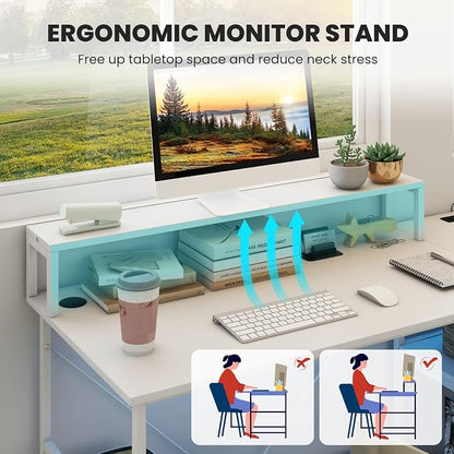 Tangkula 2-Person Reversible Computer Desk with LED Lights, 94.5” Long Office Desk with Power Outlets, Monitor Stand, Keyboard Tray & 2 Storage Shelves, Double Desk for Gaming Working Writing (White)