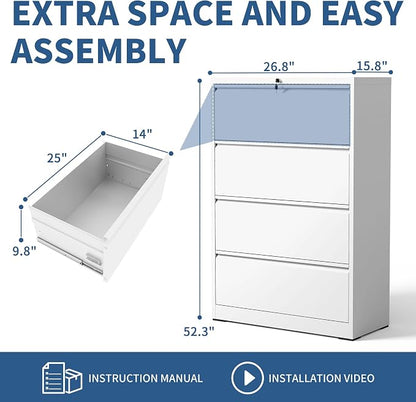 4 Drawer File Cabinet with Lock, White Metal Lateral Filing Cabinets for Home Office, Heavy Duty Steel Horizontal Locking Storage Cabinet for Legal/Letter/A4 Size File, Assembly Required