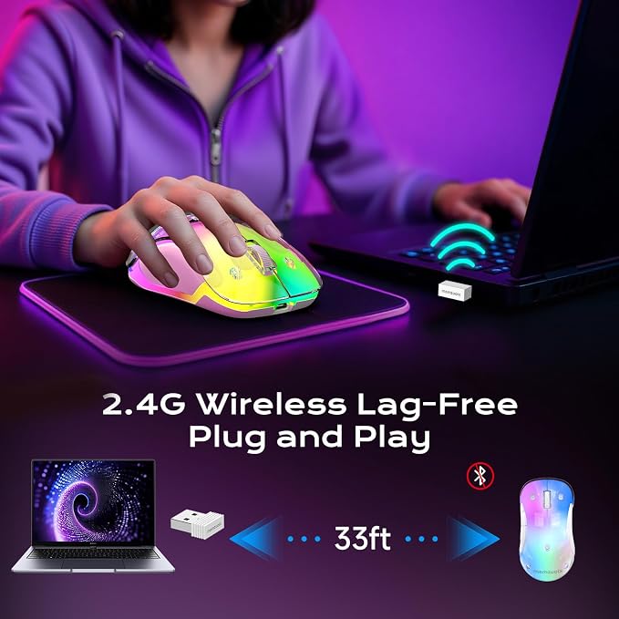 memzuoix 2.4G LED Wireless Mouse, Rechargeable Ergonomic Mouse with Detachable Cover, 1400 DPI Portable Optical Computer Mouse with USB Receiver for Laptop, PC, Desktop and MacBook, 5 Buttons-Purple