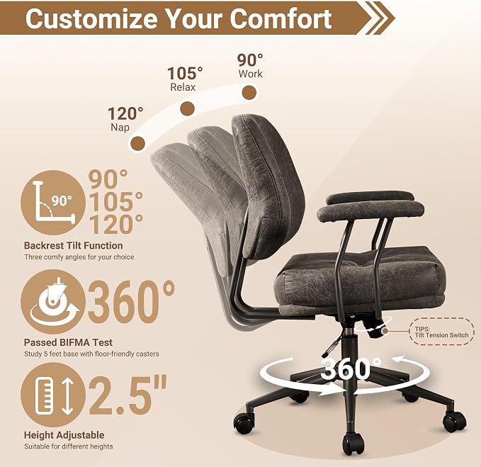 Ergonomic Home Office Chair, Mid-Century Faux Leather Home Office Desk Chairs with Wheels, Office Computer Chair with Rocking Swivel (Gray,Suede)