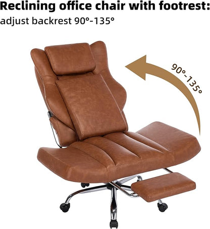 DYHOME Brown Leather Office Chair Cross Legged Sitting with Massage and Footrest, Heavy Duty Desk Chairs, Swivel Ergonomic Computer Gaming Chairs with Lumbar Support, Wheels Flip-up Arms Adjustable