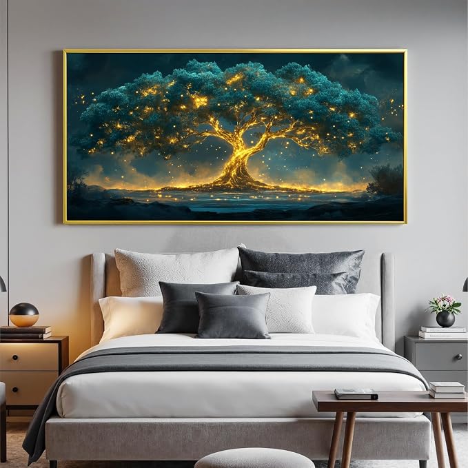 Canvas Wall Art Decor Artwork for Walls Oversized Green Gold Wall Art Prints Gold Framed Large Tree of Life Wall Art for Living Room Canvas Art Wall Decor Home Office Aesthetic Wall Decorations 29" x 58"